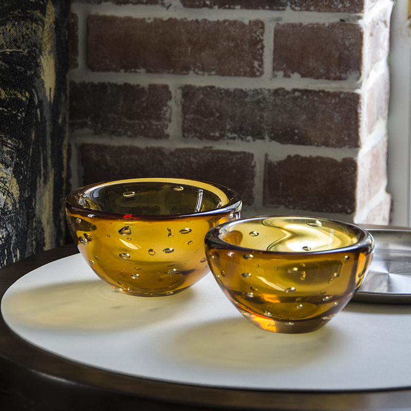 Handmade mouth-blown color art Glass dining-table plate and bowl amber