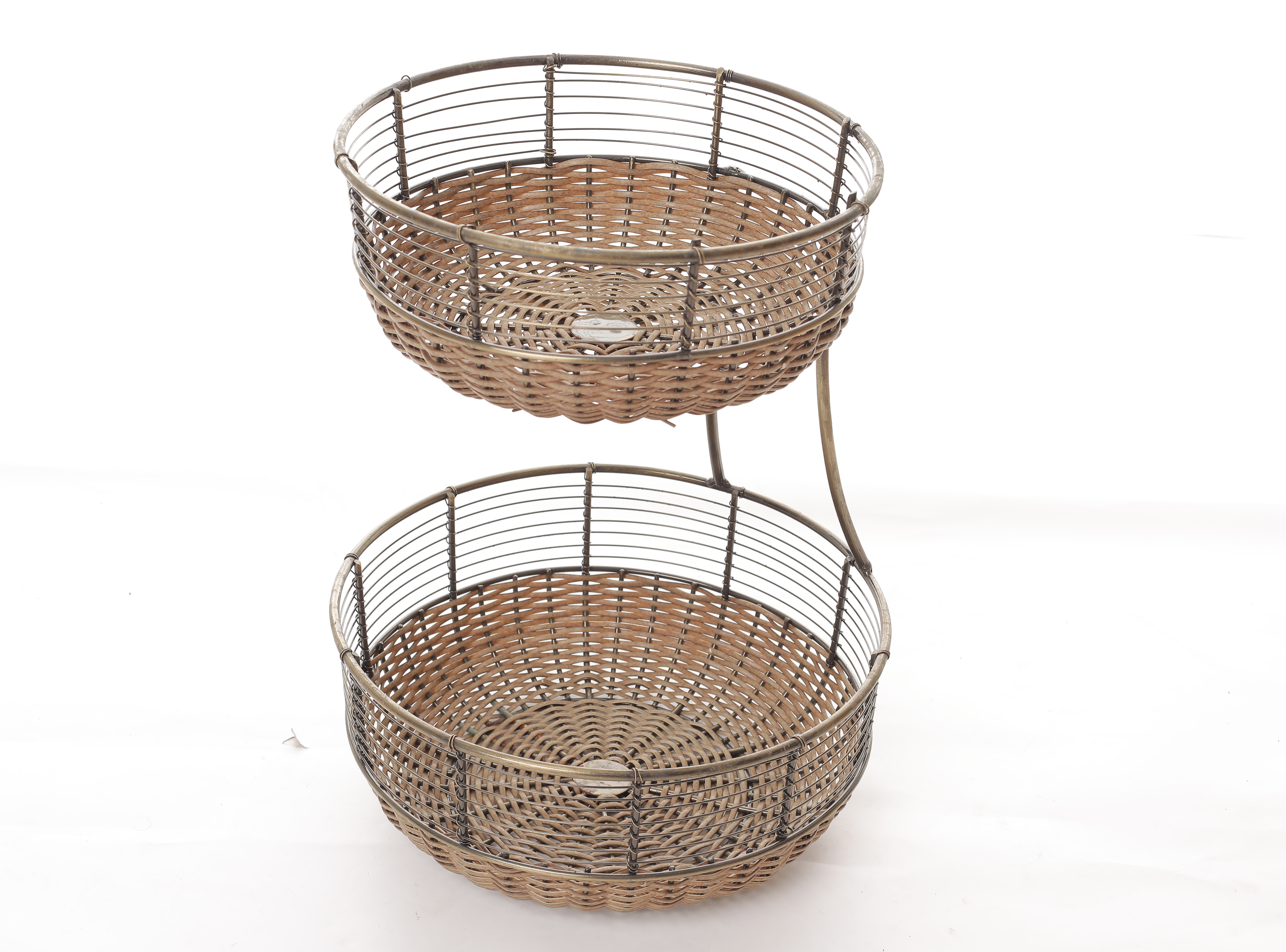 Two tier metal fruit bread storage basket with woven accent