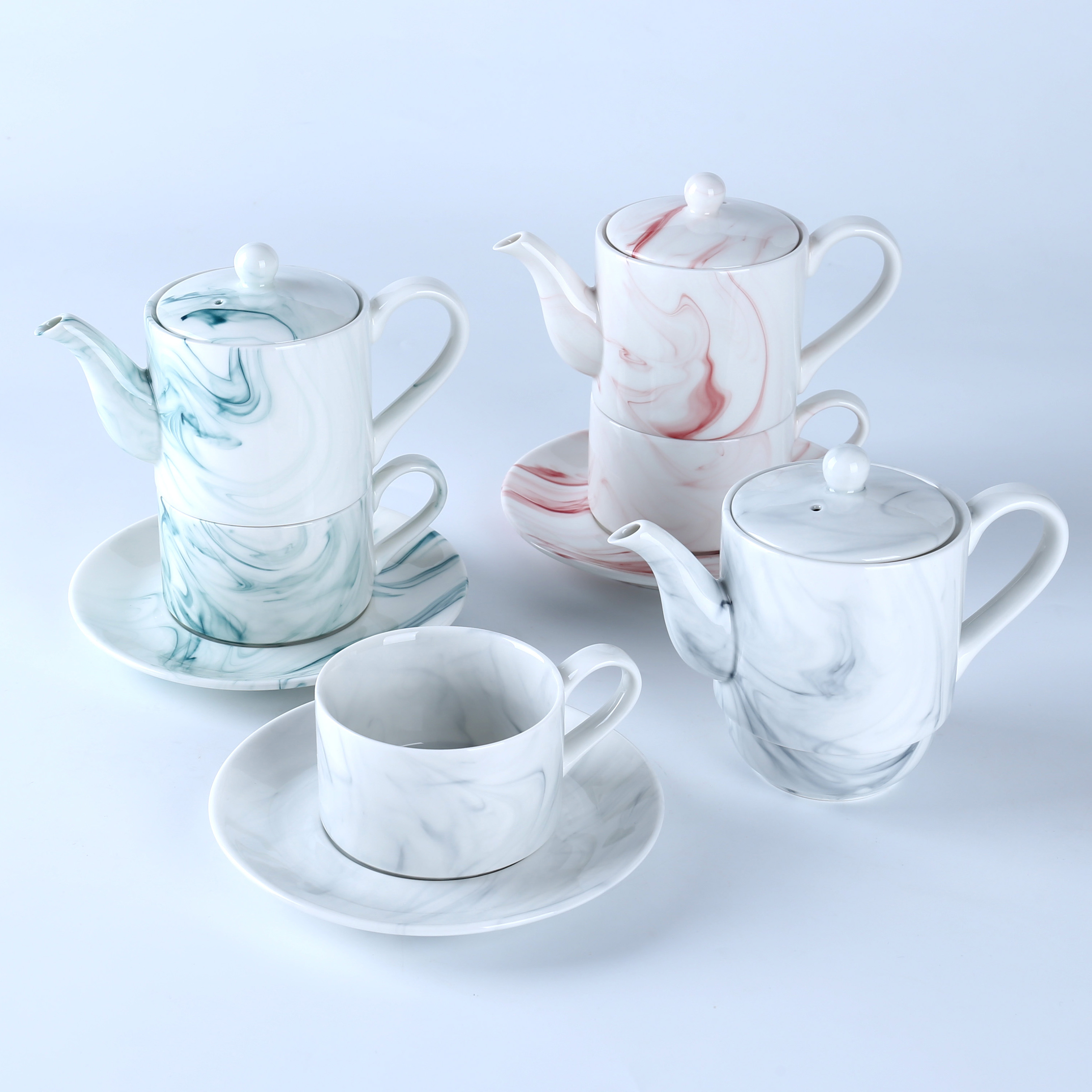 Modern Marble Porcelain Teapot, Cup and Saucer Tea for One T41