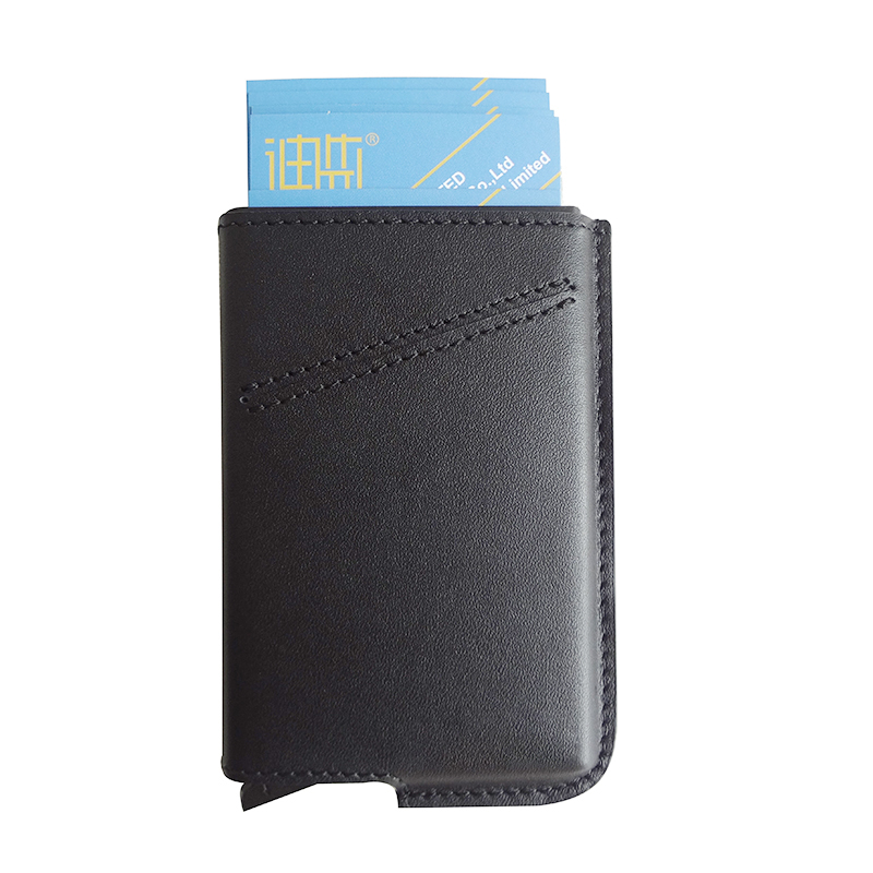 Universal slim mini leather aluminum box pop-up card holder