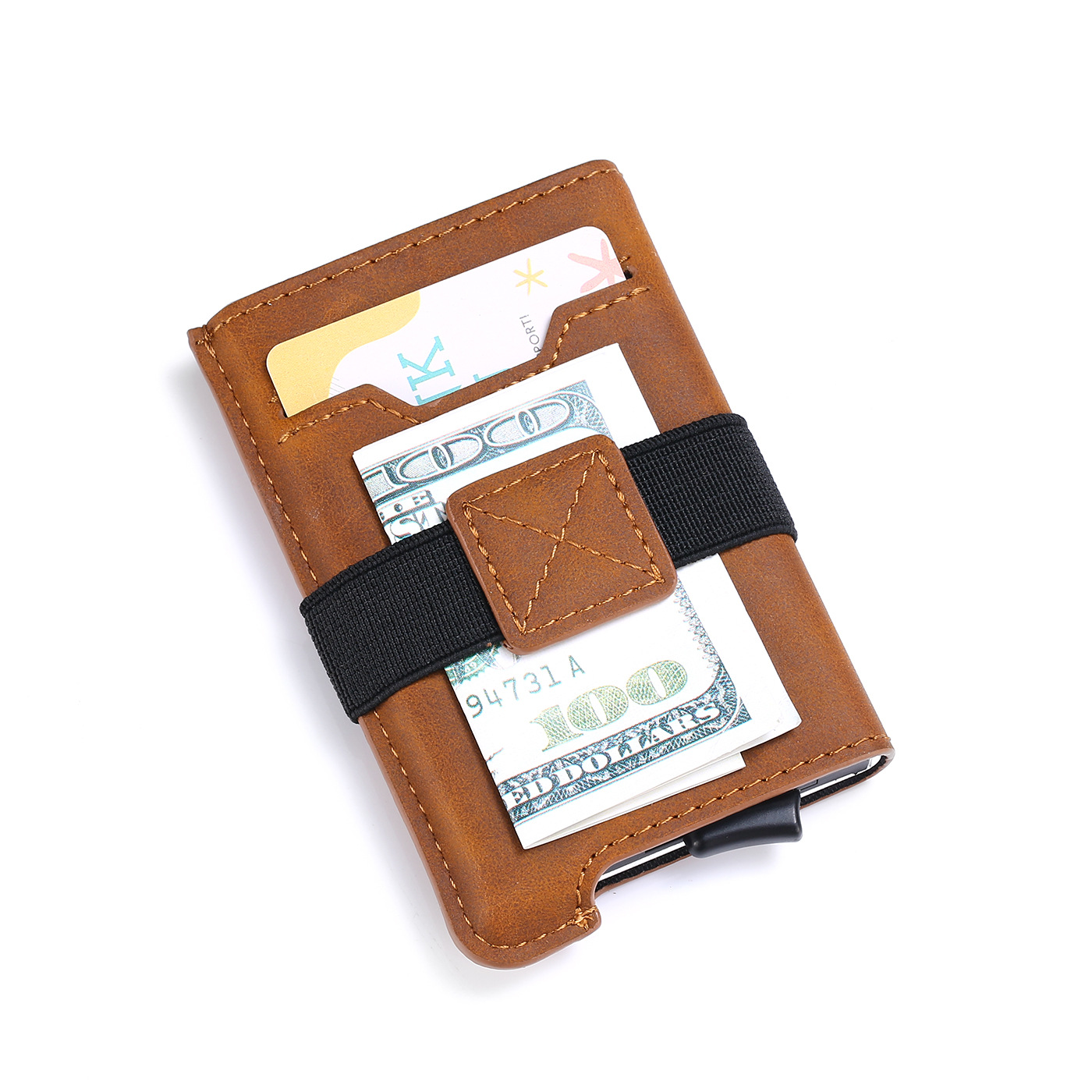 handmade slim oil wax leather pop-up aluminum portable custom lanyard one touch ridge ID card holder
