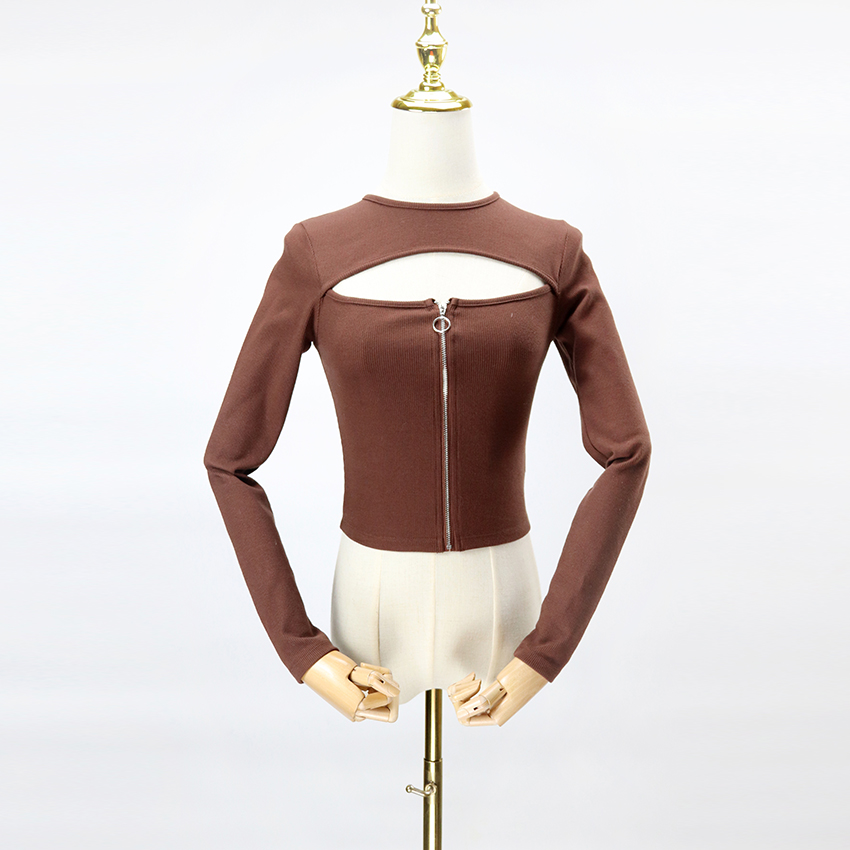 Long Sleeve Burst Cutout Detail With Zipper Down Detail Knit Top