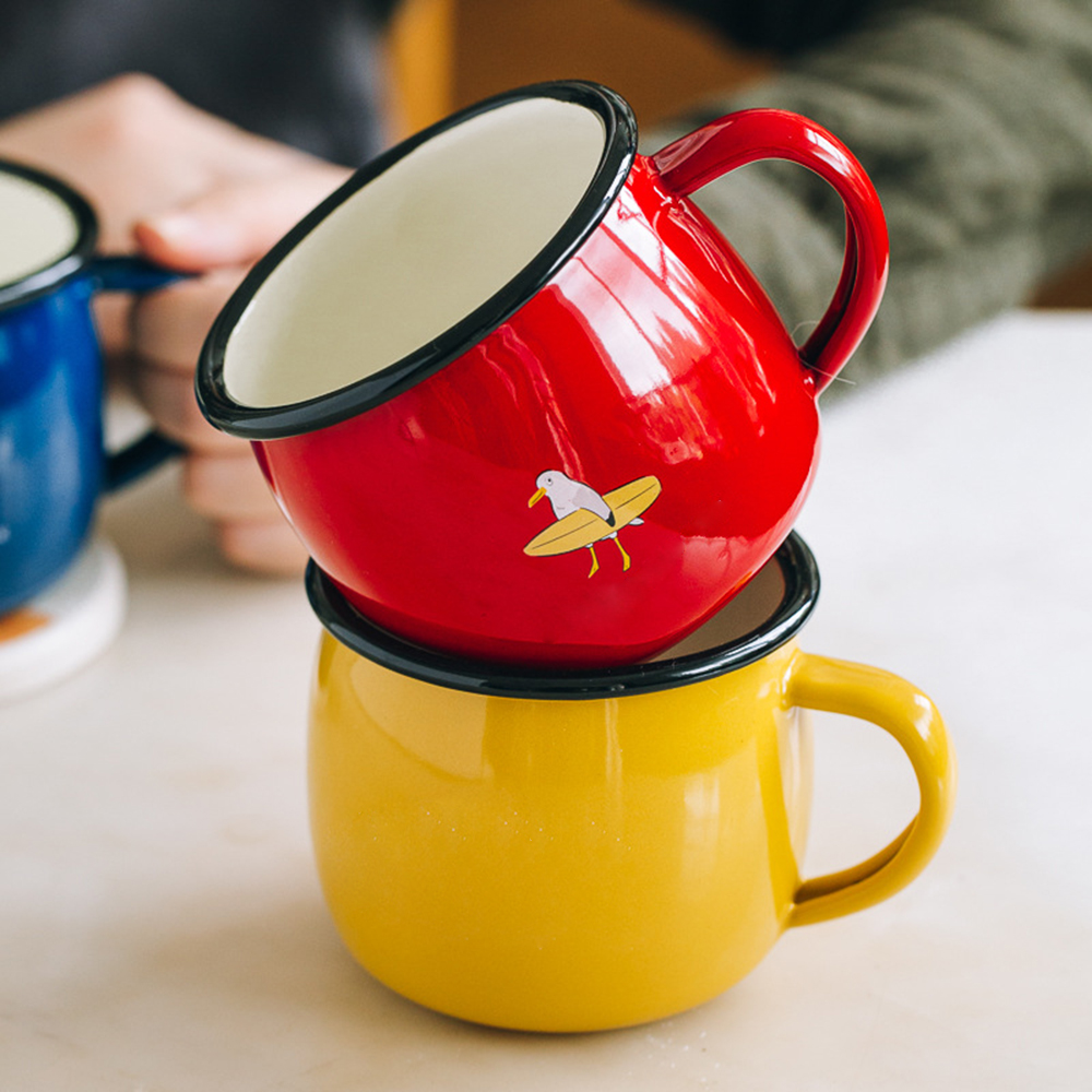 Custom Classic 12oz Enamel Mug Metal Steel Camping Mug Enamel Mug With Stainless Steel Rim