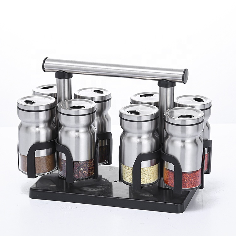 8pcs Glass Spice Jars With SS cover and Revolving Rack