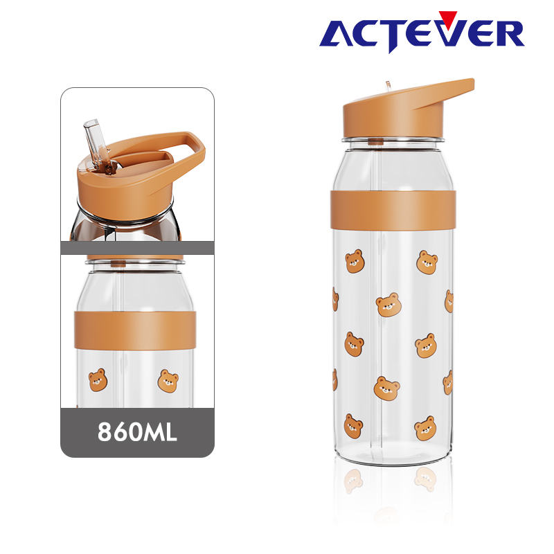 C22003 860ml Portable Plastic Water Bottle with foldable straw and silicone band