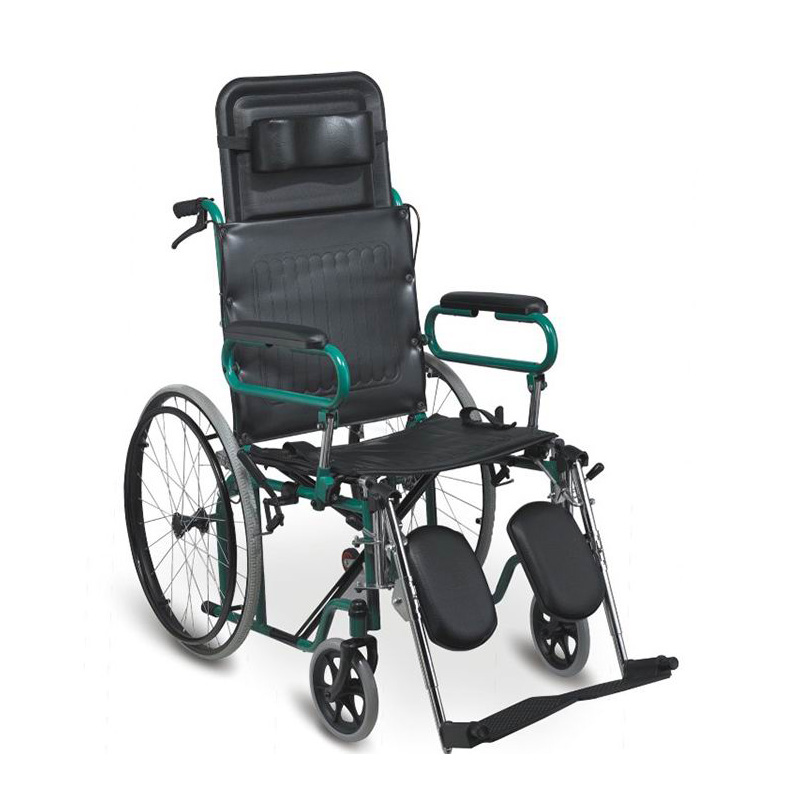 Steel wheelchair with reclining high back