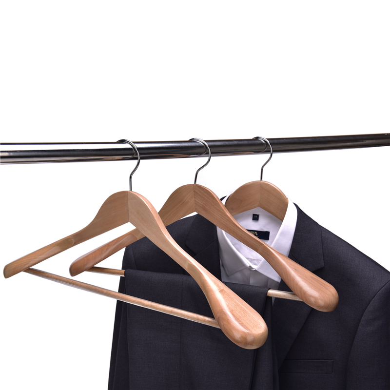 Wooden hanger with wider shoulders and bar storage household products
