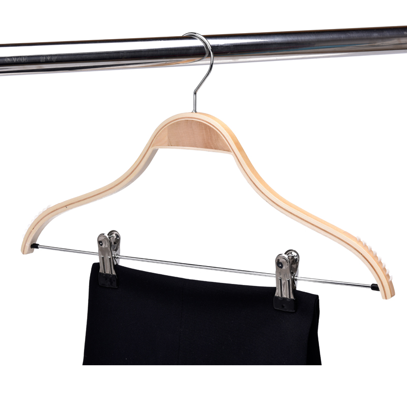 Wooden laminated pants hanger with clips storage household products