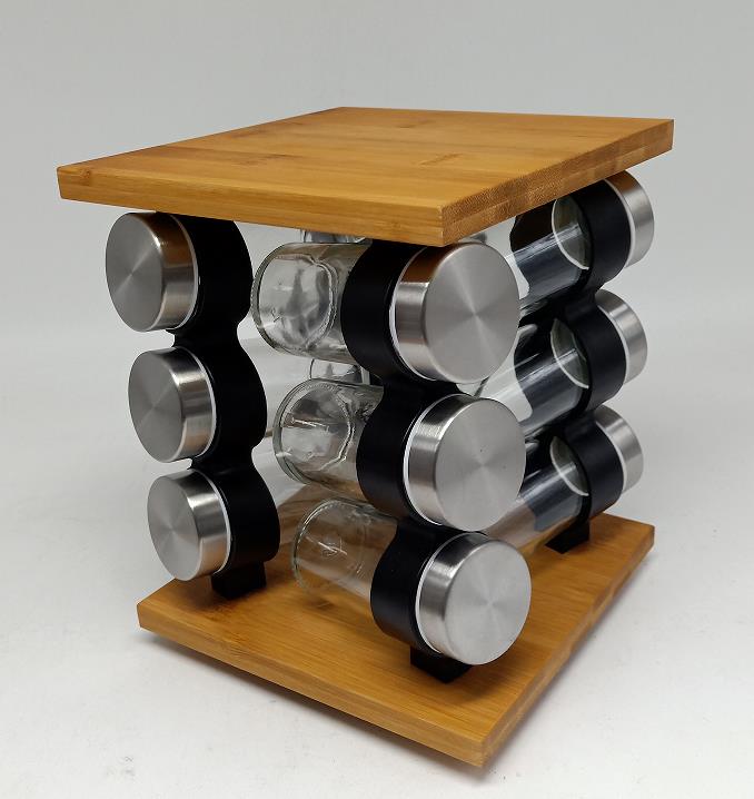 Three-layer Bamboo Rack with 12pcs Glass Spice Jars Set