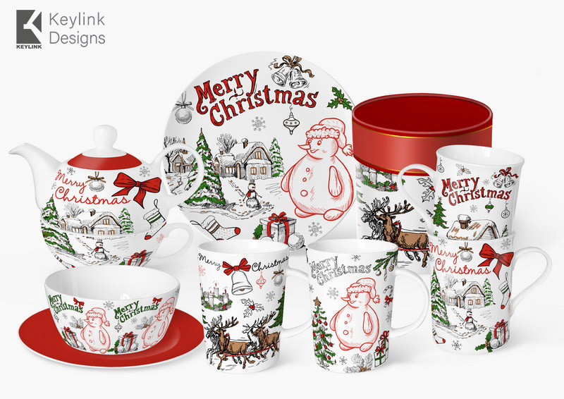 christmas tea set, ceramic mug,bowl,plate, tea for one,