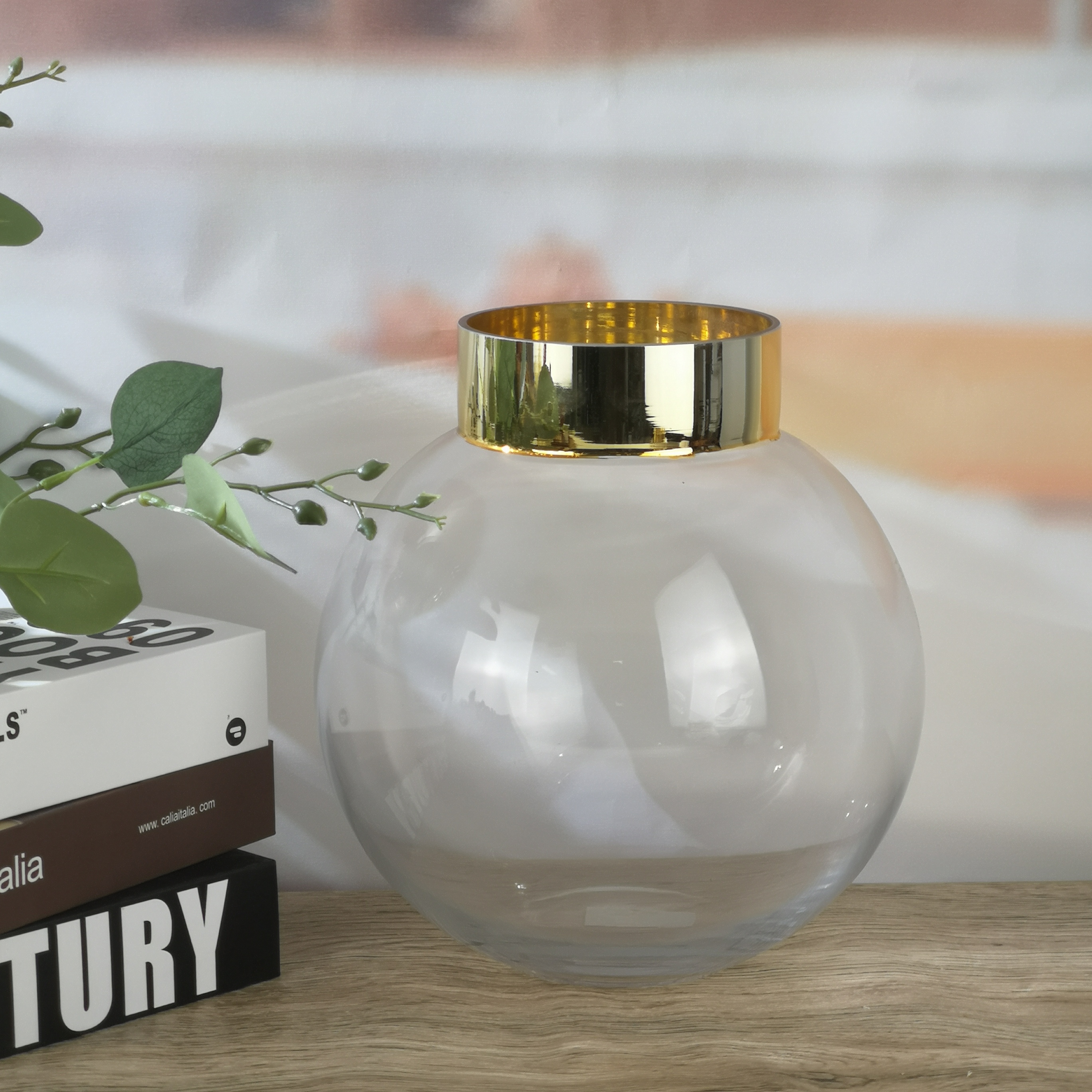 Plated Gold Effect Round Clear Crystal Glass Vase