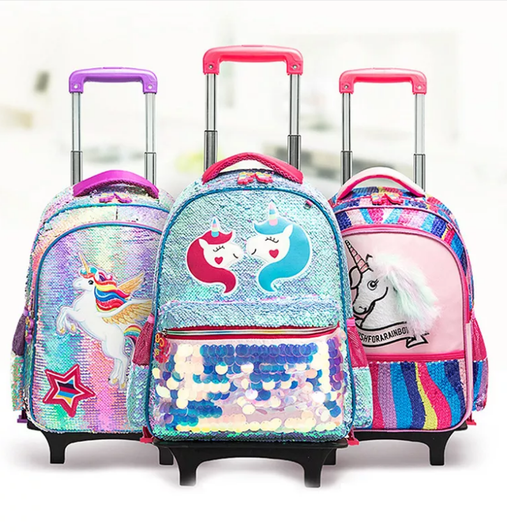 * Sequin Girls Backpack Kids 3 Pcs Sets Children Bookbags Mochila Unicorn Trolley School Bags