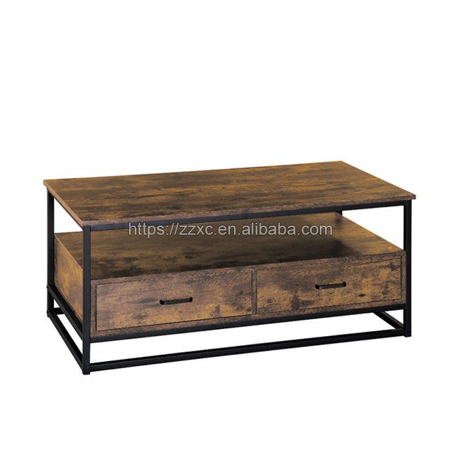 Industrial Style Wood Coffee Table With 2 Drawers