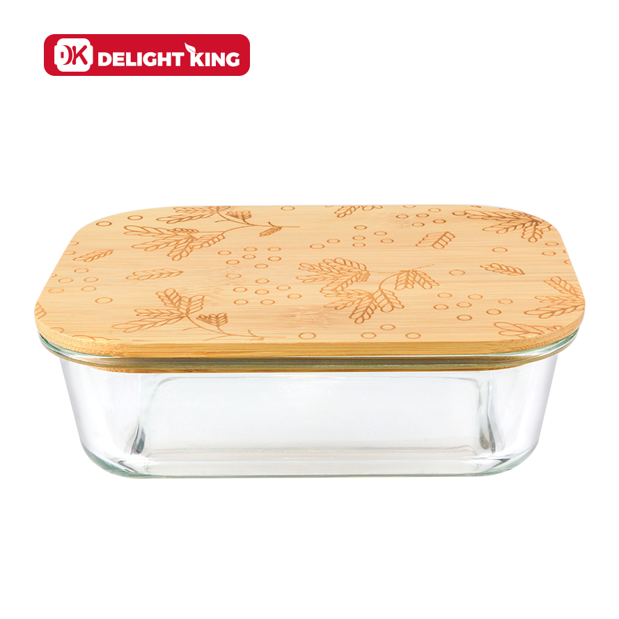 Eco friendly glass container with bamboo lid customized laser patterns design bamboo glass container