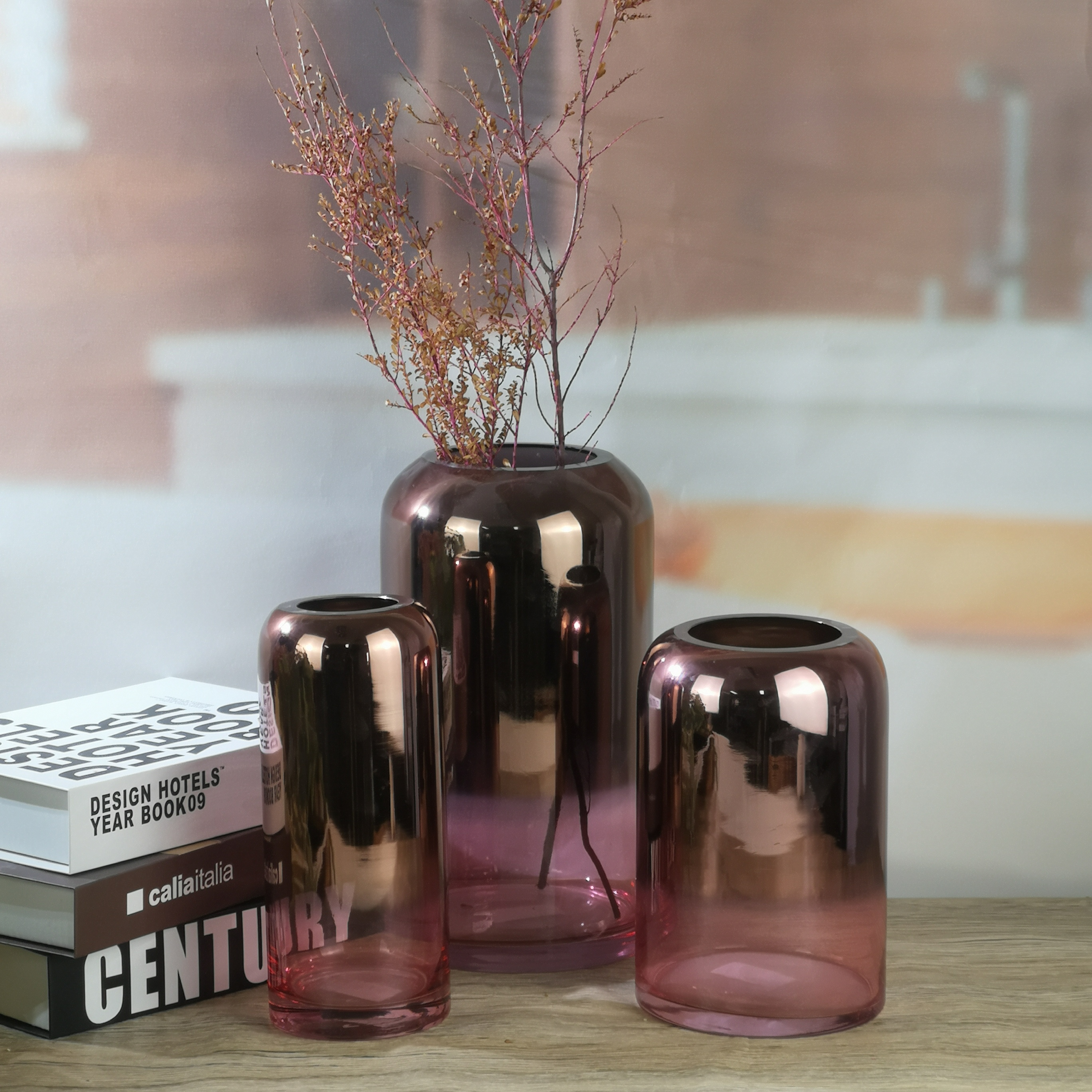 Plated Metal Effect Glass Vase With Pink Bottom