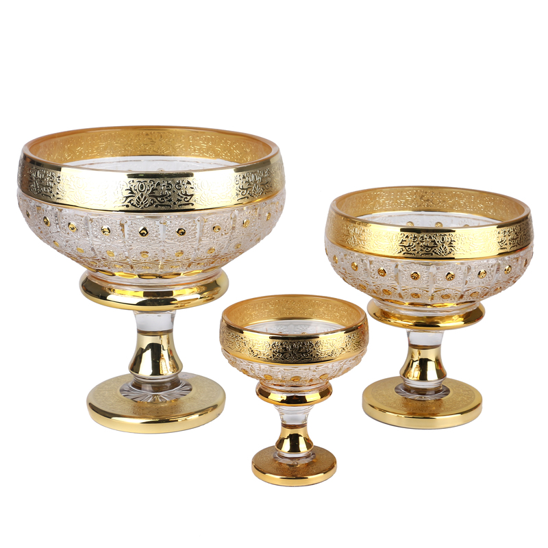 Bohemia Glass Uzbek Style Classic Footed Gold Plating Glass Fruit Bowls With Golden Decoration