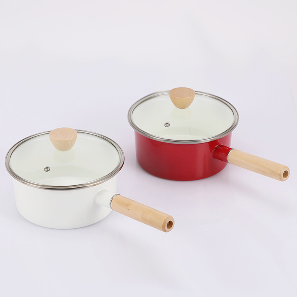 apanese Enamel Porcelain Cookware Pot and Saucepan Enamel Milk Pan with Wooden Handle