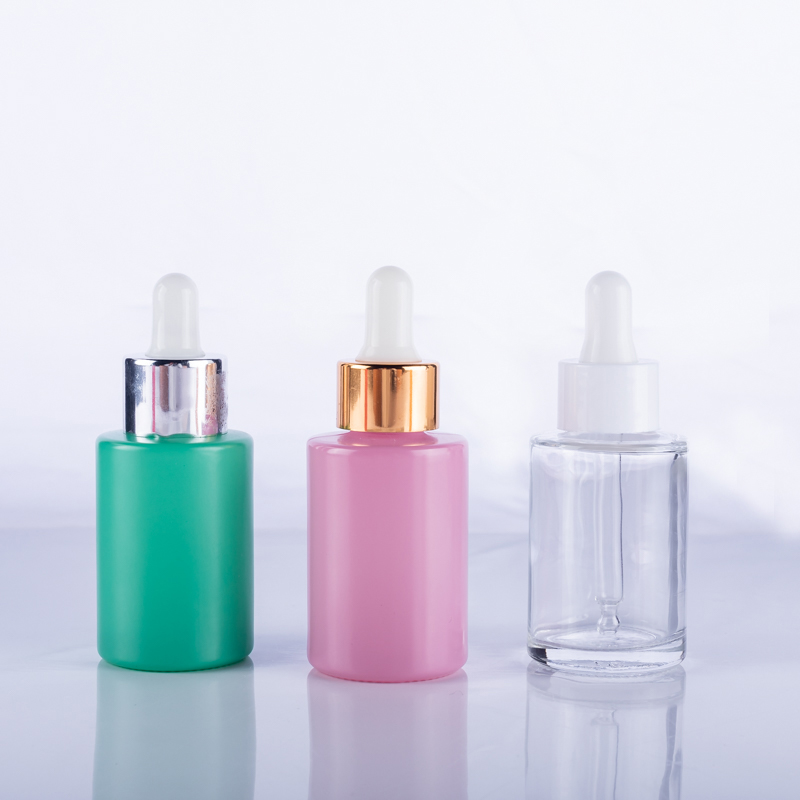 30 ml aromatherapy customize gold dropper pink round essential oil glass bottle packaging with cap