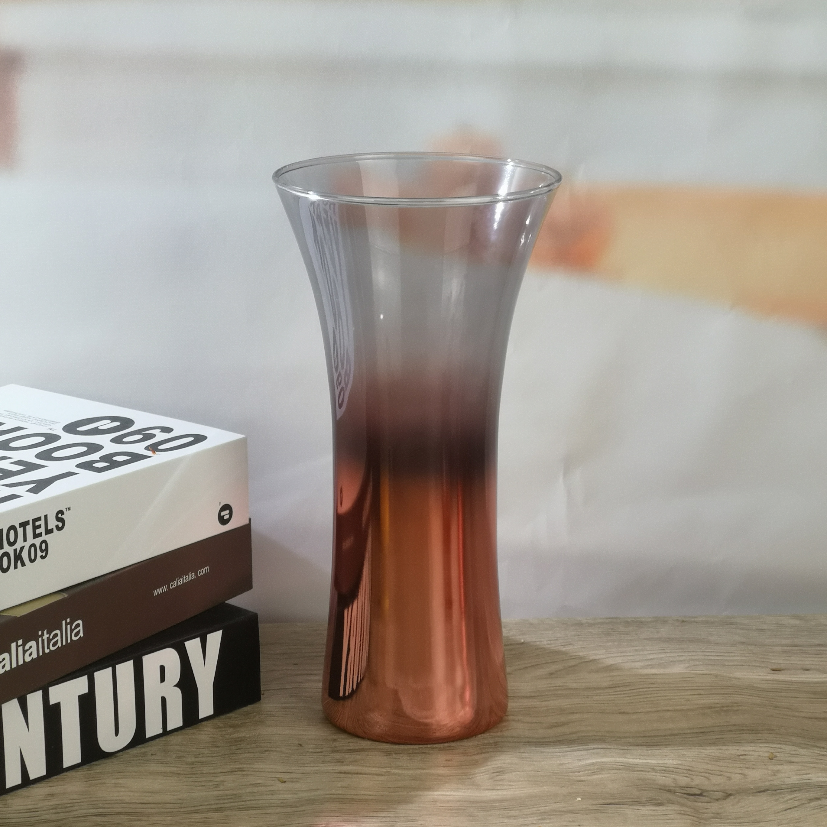 Smoked Colored Glass Vase With Plated Rose Gold Effect