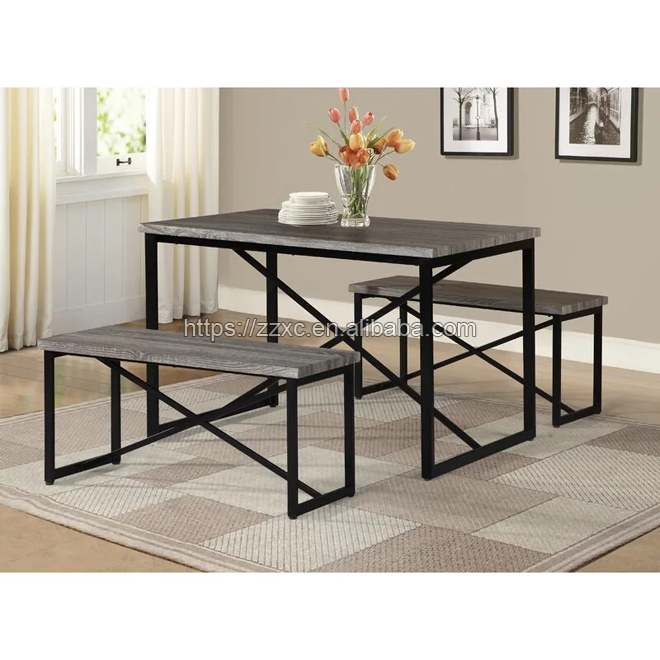 3 Piece Dining Table Set with Two Benches