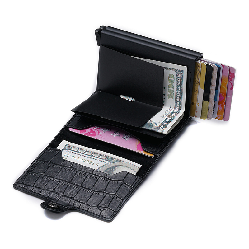 Hot selling customise PU rfid wallet double aluminum box buisness crocodile skin card holders