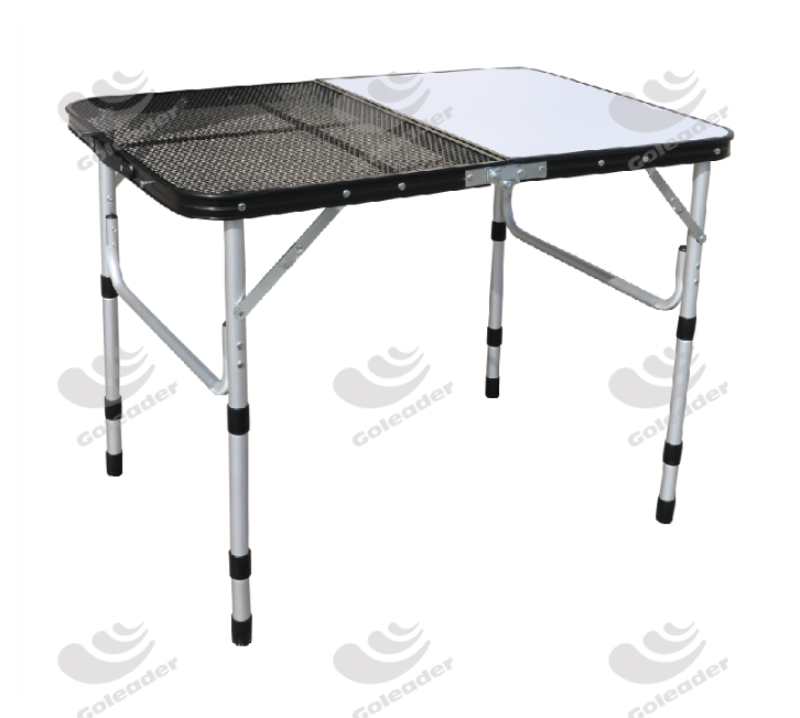 Folding camping chair with MDF table top and wire mesh table top