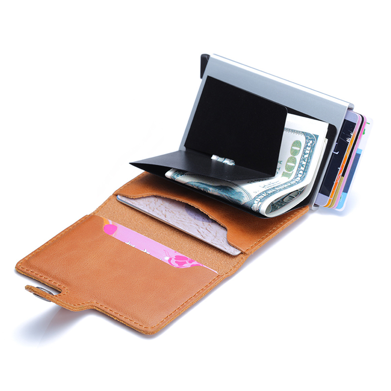 Universal slim mini wallet RFID automatic pop-up aluminum credit card holder leather wallet