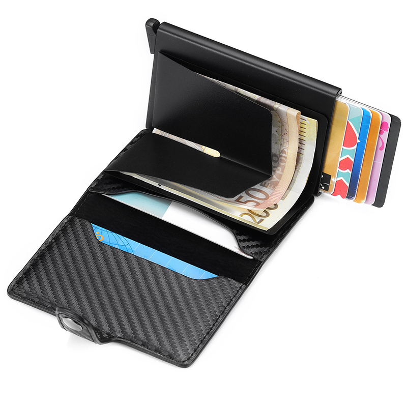 Aluminum Id Credit Card Holder Square Mini RFID Automatic Pop-up Metal PU RFID Blocking Card Case