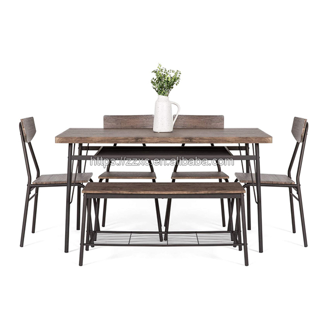 6 Piece Metal Wooden Dining Room Table Set with 4 Chairs and Bench Storage Rack