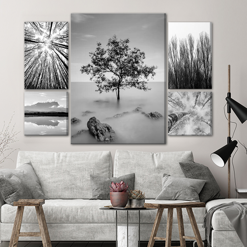 Home Decor Giclee Printed Wholesale Fashion Landscape Animal 5 panel Wall Art Black And White Canvas
