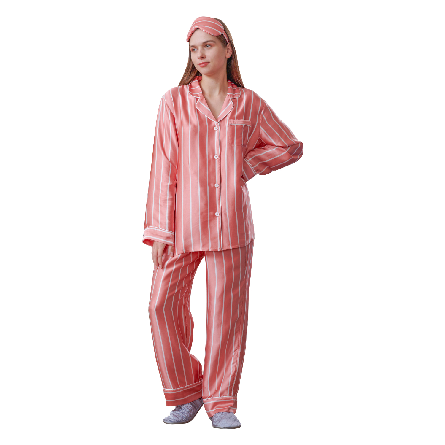 100% silk sleepingwear set with stripe pattern pyjamas silk for women