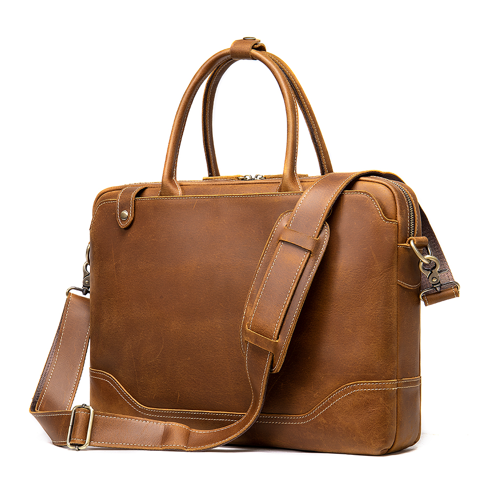 Vintage Large Capacity Men Shoulder Briefcase Genuine Leather Laptop Bag Brown Business Travel Bag