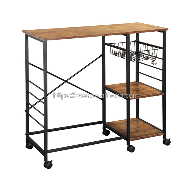 Movable Rustic Brown Metal Wooden Kitchen Kitchen Carts on Casters