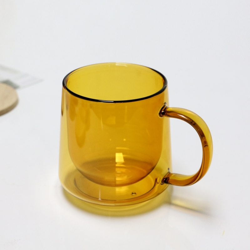 Amber Hand Made Heat Resistant Borosilicate Glass Double Wall Coffee Cups Coffee Mug Set With Handle