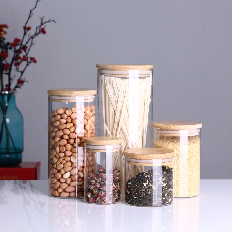 Borosilicate glass storage Jar with Sealed Bamboo Lids Clear Glass Bulk Food Storage Canister