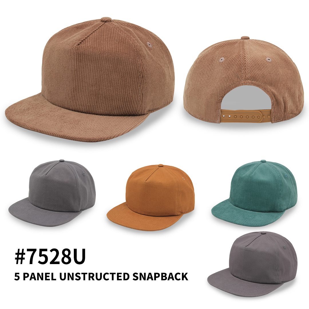 5 panel unconstructed flat bill snapback