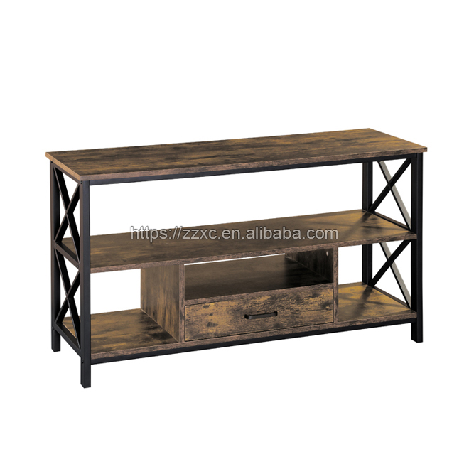 Retro Brown Wooden TV Media Stand With X Design Metal Frame