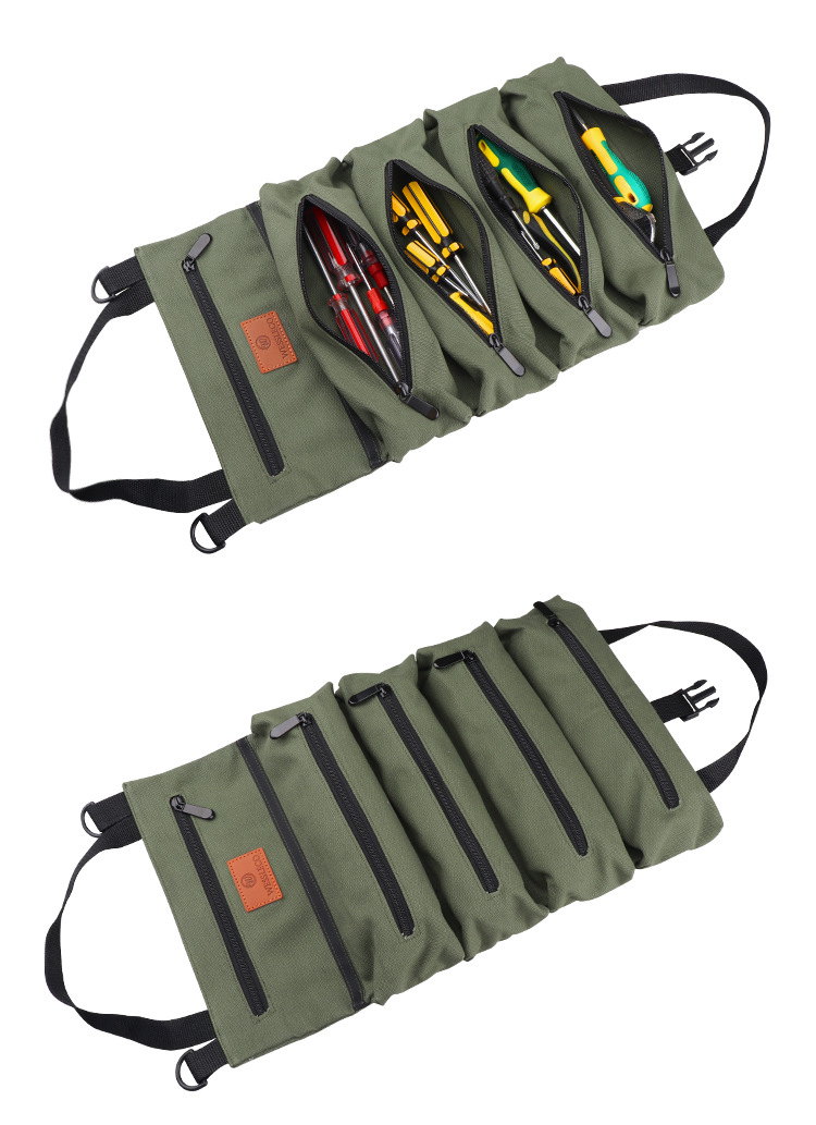 #A18 Multi-Purpose Roll Up Pouch Canvas Tool Bag Organizer With 5 Zipper Pockets