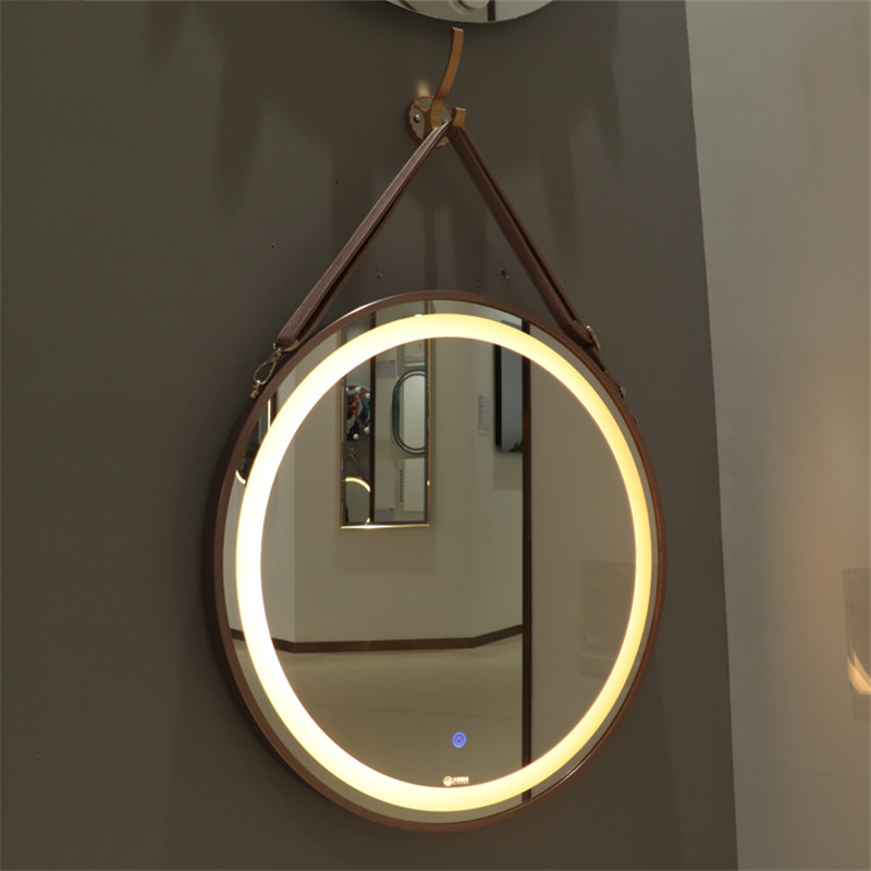 DP325 Living Room Salon Decorative Aluminum Framed Round Mirror with PU Strap