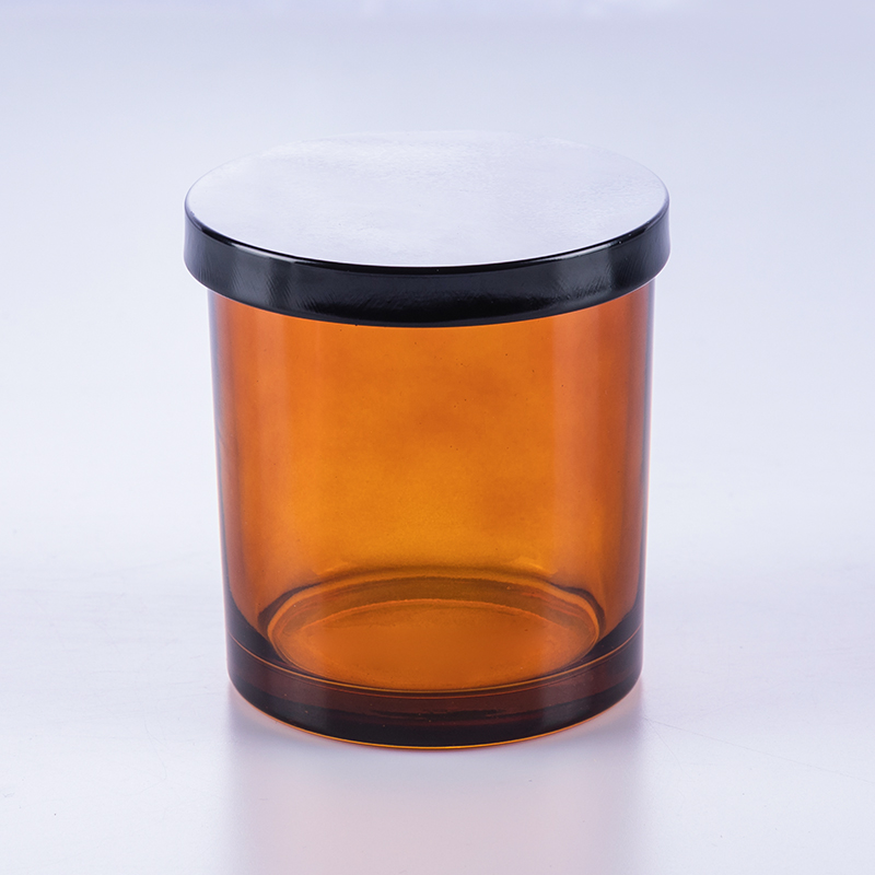 Home decoration amber color round shape glass candle jar with metal lid