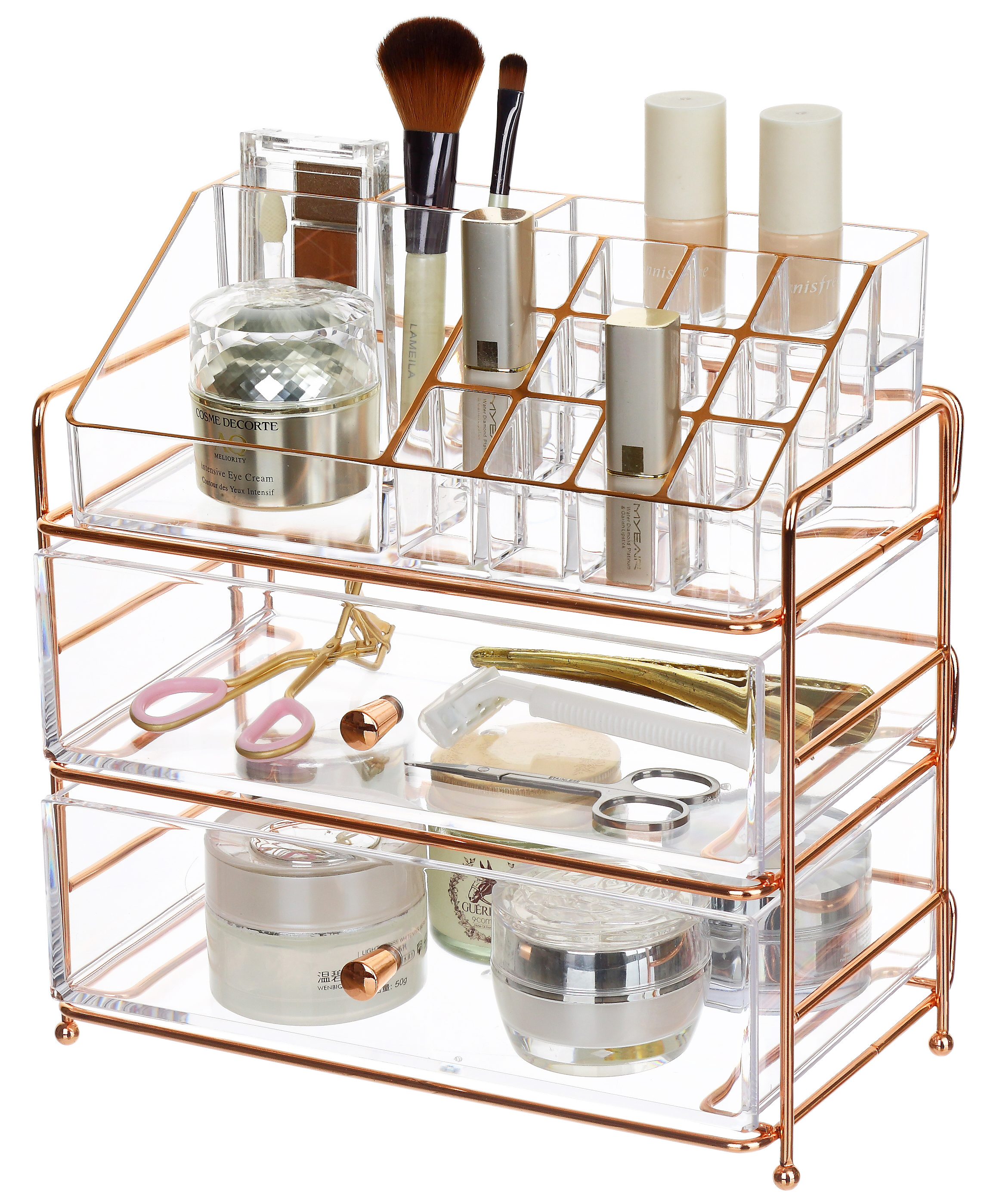 3-Tier Samll Makeup Organizer Set, w/ 2 Drawers & Rose Golden Metal Rack & Trim & Metal Knobs