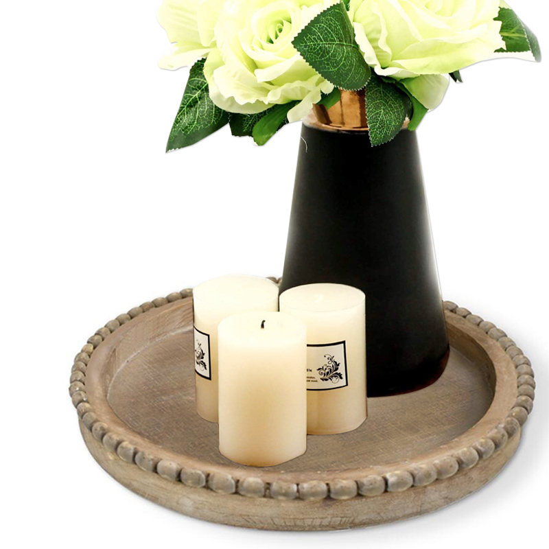Rustic Farmhouse Candle Holder Tray Plate Holder with Wood Bead Decor