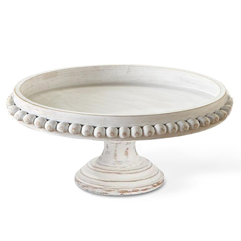 New Design Farmhouse Vintage Shabby chic White Washed Wooden Cake Stand with Wood Bead Decor