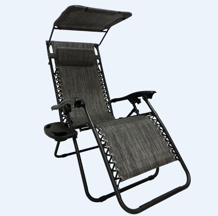 Sun Lounger With Canopy and Cup Holder | Deck Folding Recliner Zero Gravity Outdoor Chair