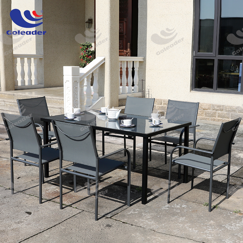 6 seaters table set with 5mm tempered glass and 6 stackable chairs,reliable Steel tube structure