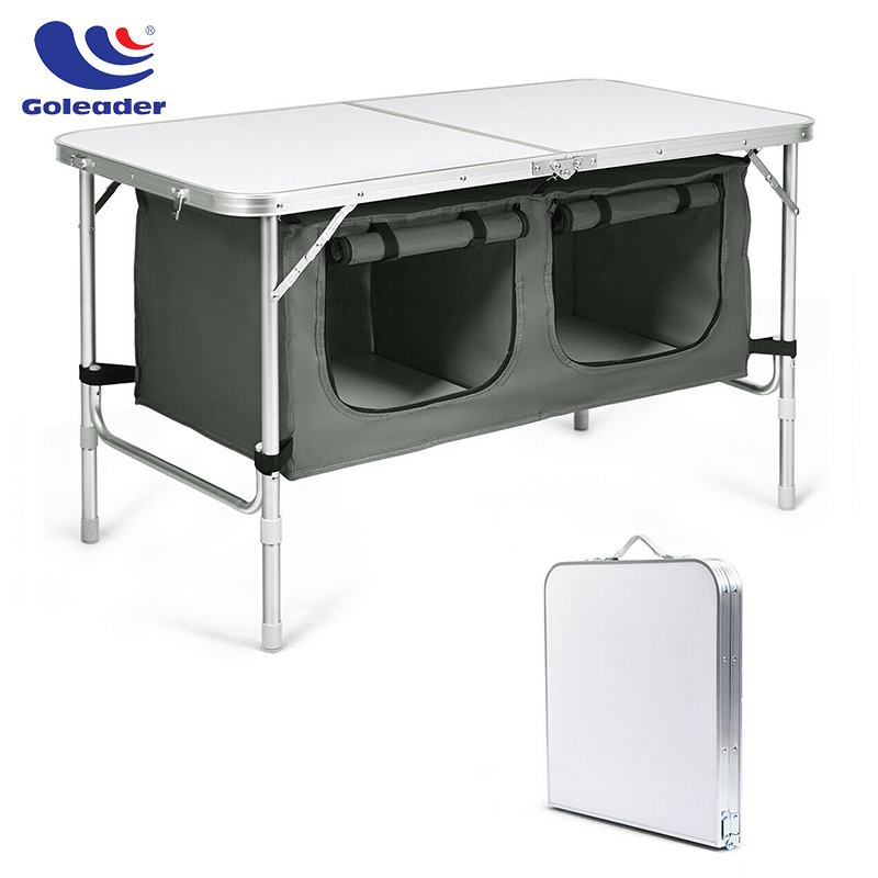 Folding Camping Table with Storage, Aluminum Outdoor Camp Kitchen Station with 2-Level Adjustable