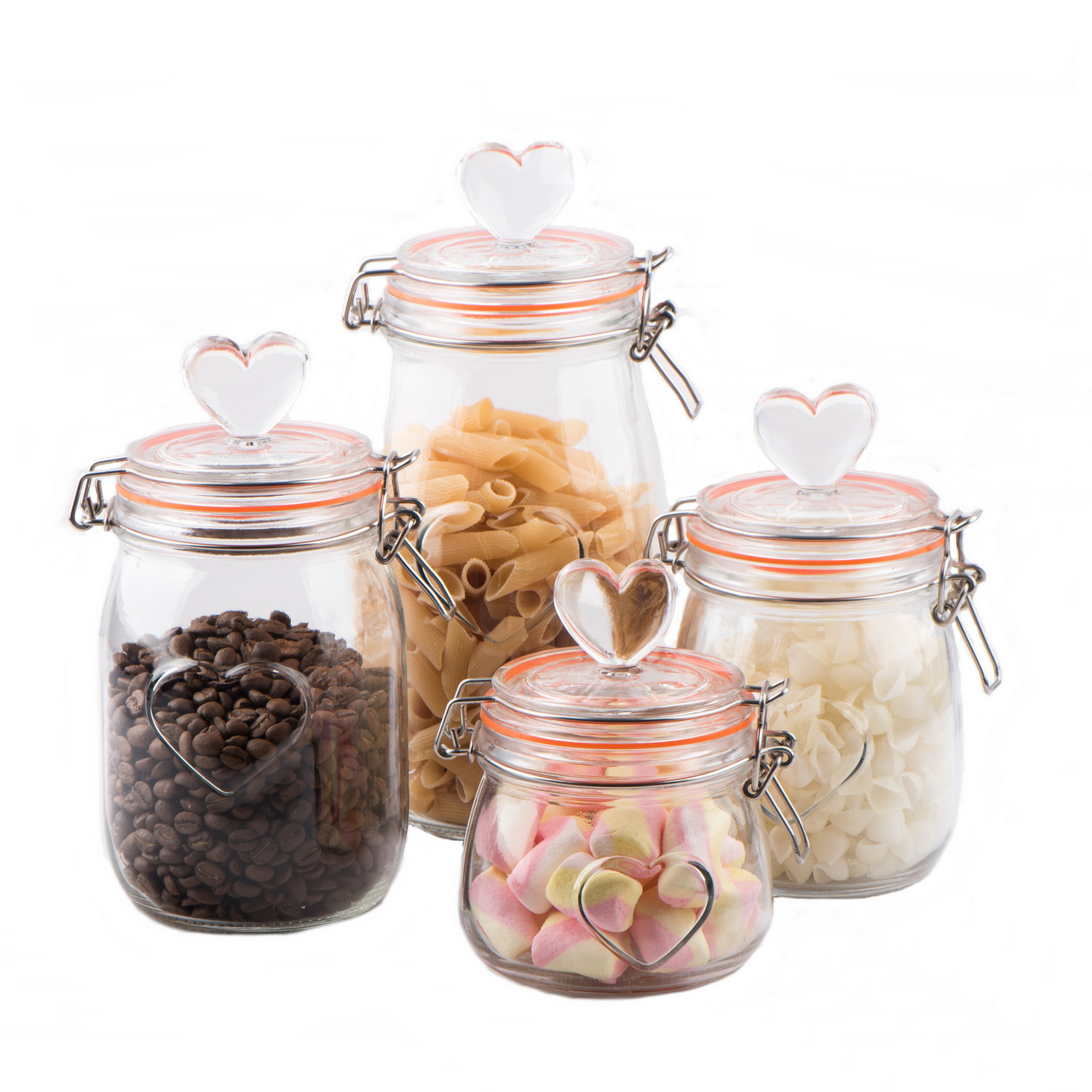 Airtight glass food storage jar with heart shape glass lid and metal clip CCP363XB