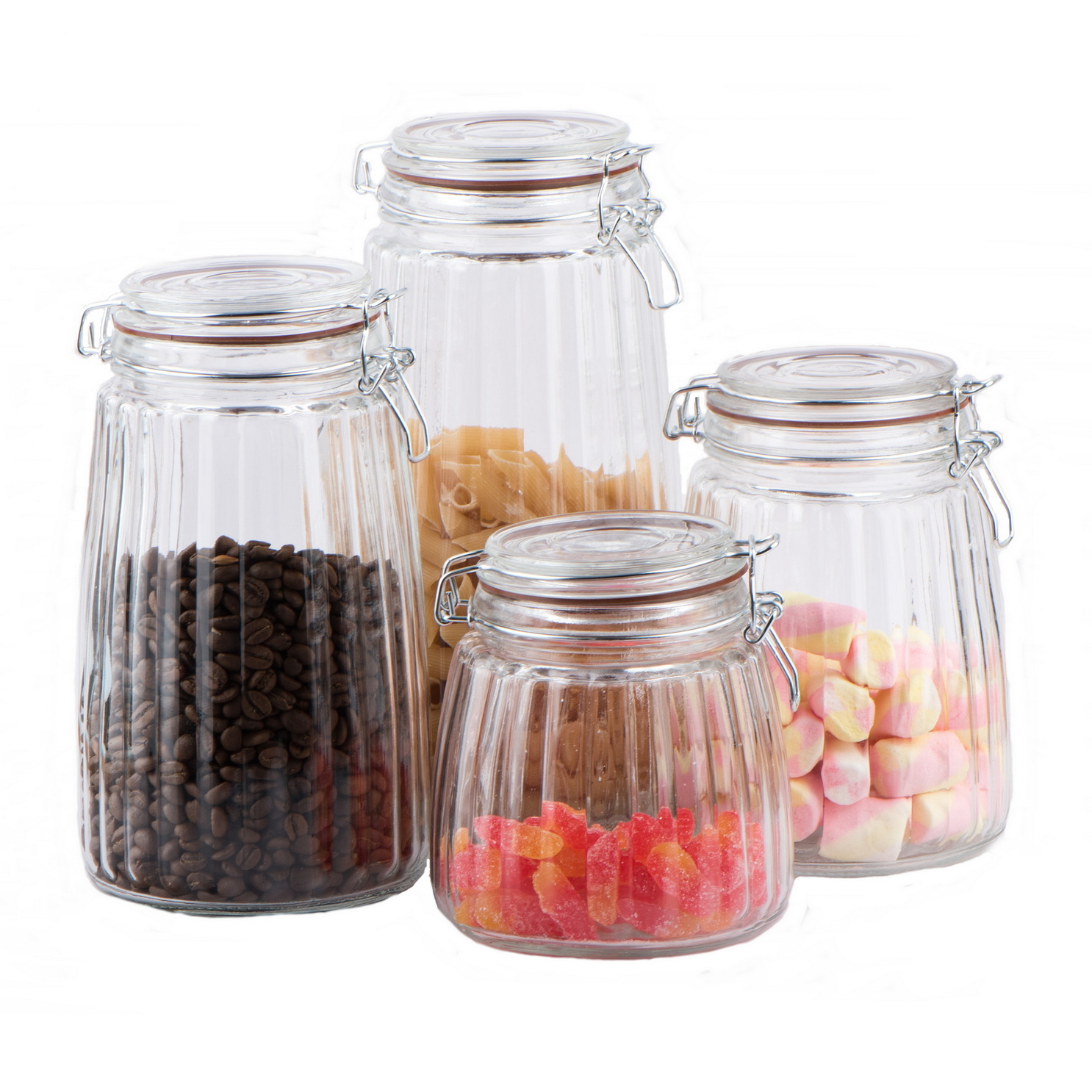 Glass food storage jar with metal clip and embossed design for food storage CP066WB