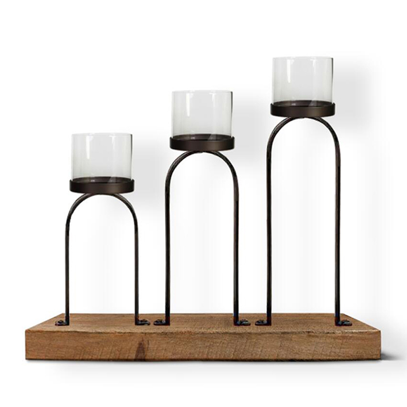 Luckywind New Design Farmhouse Home Decor Wooden Metal Candle Holder with Wood Base