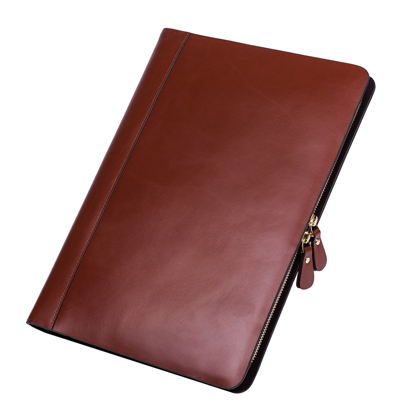 Professional Men Women Handmade Business Portfolio Double zipepr A4 Real Genuine Leather Padfolio